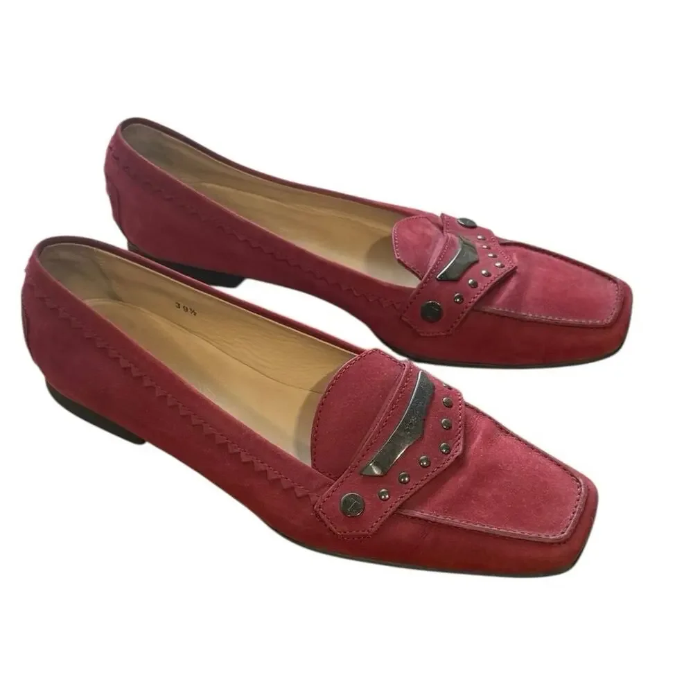 Tod’s Red Suede Studded Heel Accent Flats - 39.5